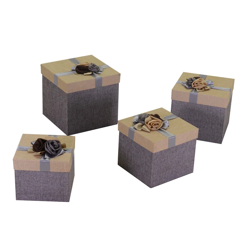 Set 4 Scatole cartone e stoffa grigio e naturale quadra