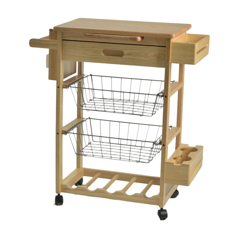 Carrello da Cucina in Legno della Gomma Piano 2 Cestelli e Cassetto 74,5x40H82cm Adami