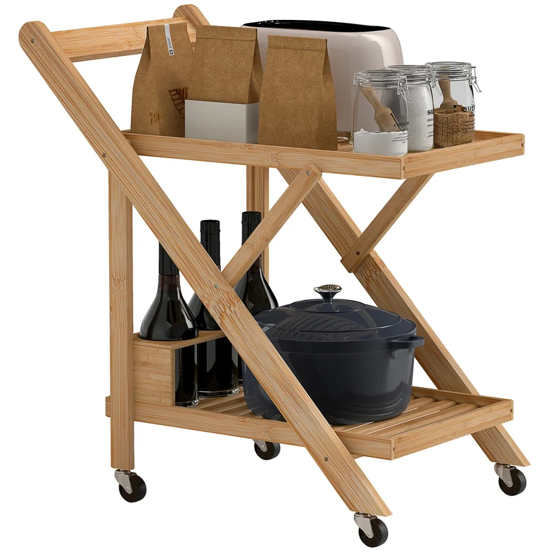 Carrello da Cucina Portavivande Pieghevole 66x40x70 cm a 2 Livelli con Portabottiglie in Legno di Bambù