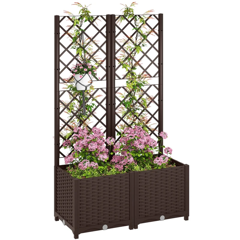 Fioriera con Traliccio per Rampicanti 80x40x135 cm 8 Fori di Drenaggio in PP Marrone