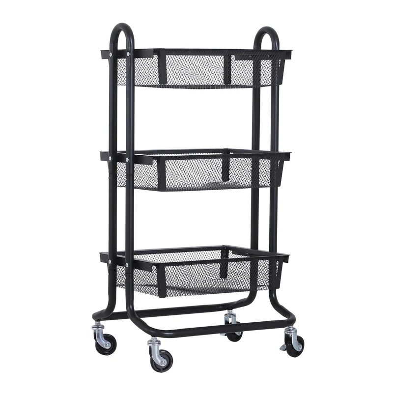 Carrello da Cucina Multiuso Salvaspazio 3 Livelli in Acciaio a Rete Nero 47x38.5x89 cm