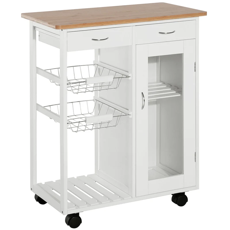 Carrello da Cucina con Cassetti e 2 Cesti in Legno di Pino Bianco 70x37x85 cm
