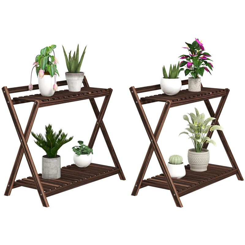 Set 2 Portapiante a 2 Livelli 73x36x64 cm con Design a Doghe in Legno Marrone