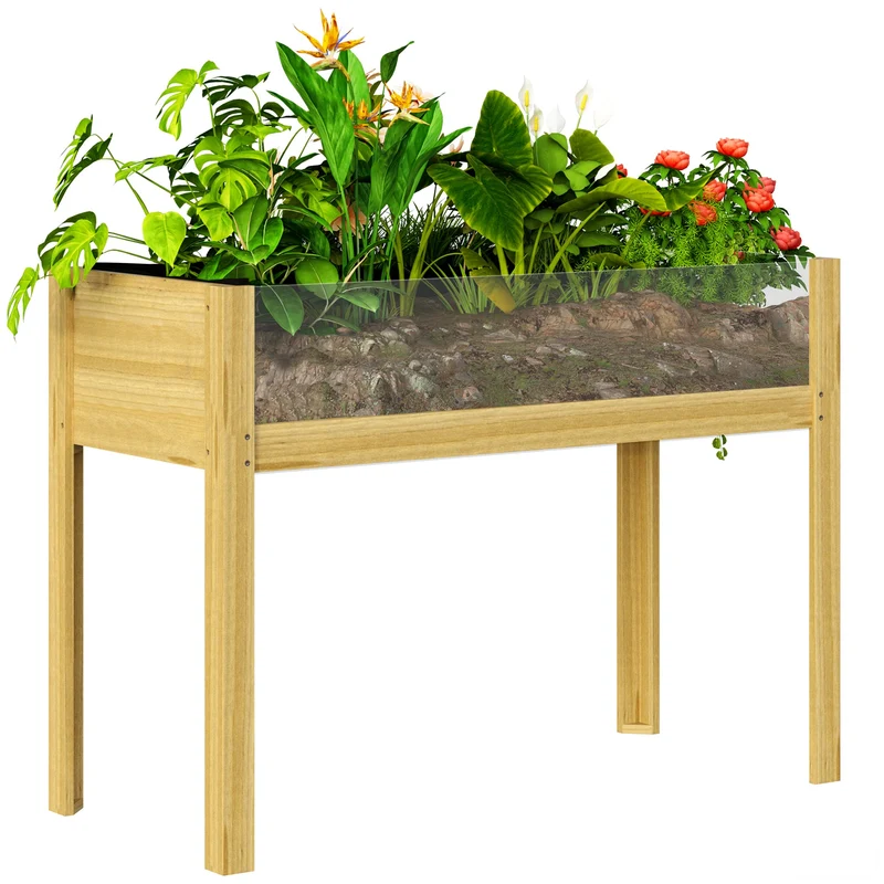 Fioriera Rettangolare 110x50x80 cm da 118L con 2 Fori di Drenaggio e Pareti Trasparenti in Legno di Abete