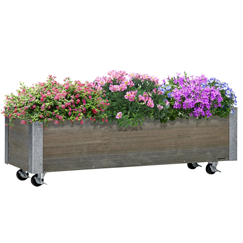Fioriera Rettangolare 96x30,6x30 cm con Ruote e Freno in Legno di Abete Grigio