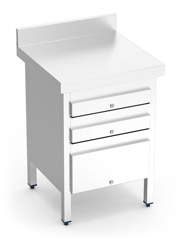 Table de travail en acier inoxydable avec 3 tiroirs et dosseret arrière