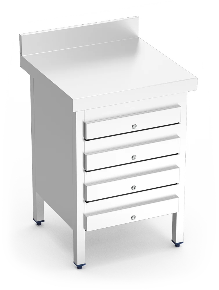 Table de travail en acier inoxydable avec 4 tiroirs et dosseret arrière