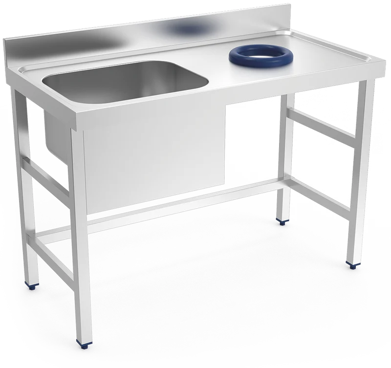 Table inox adossée avec évier et vide-déchets