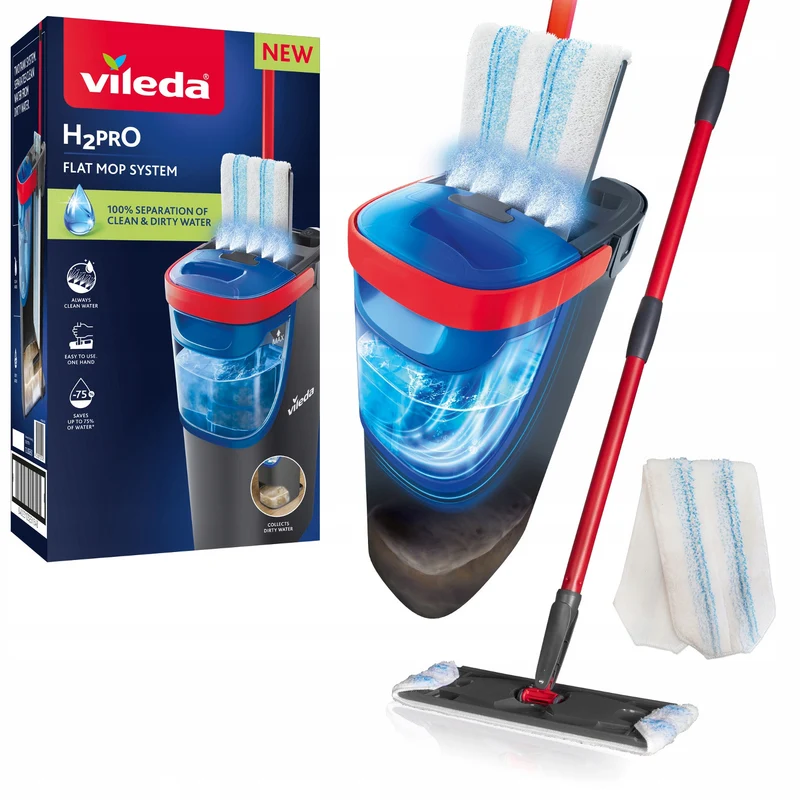 Vileda H2prO mop piatto, 100% separazione acqua pulita/sporco, due serbatoi, pad in microfibra, punta a 360°, 175774