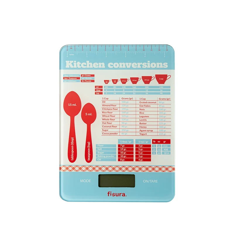 Báscula digital de cocina con estampado de medidas de repostería
